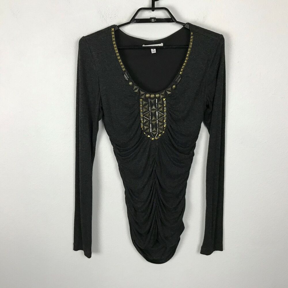 CAbi Charcoal‎ Antoinette Beaded Rayon Blend Ruched Scoop Neck Knit Top 158 M